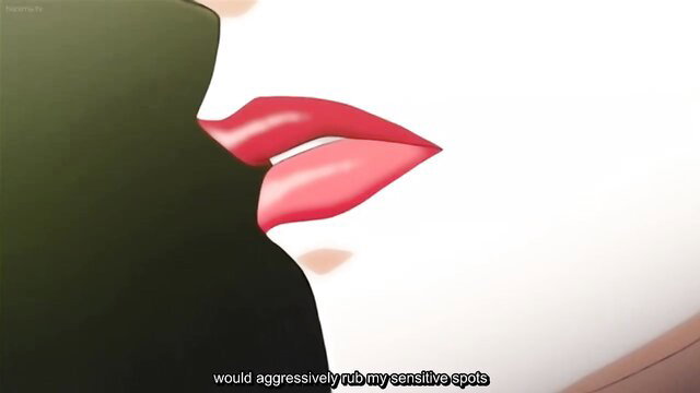 Anime hentai girl with glossy red lips and tongue out, seductive closeup