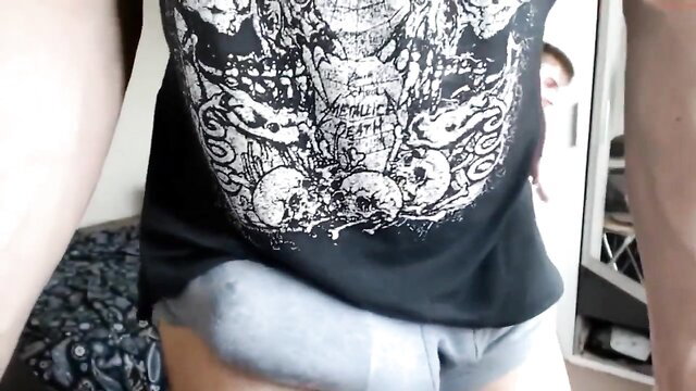 Daddy's immense uncircumcised cock bulging in tight gray shorts, ROUS solo