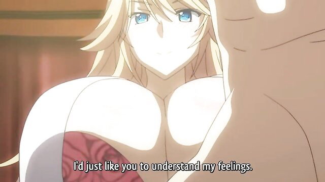 Busty blonde anime teen in red lingerie pleads to understand her feelings
