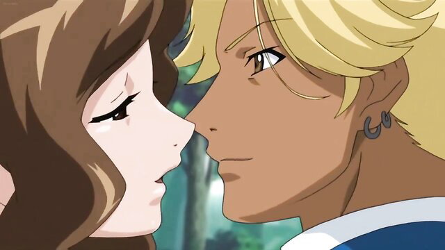 Anime hentai couple close-up kiss, brown-haired girl and blonde guy