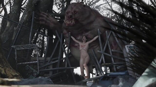 Nude woman with BITCH on tits held by giant mutant bear in hentai scene