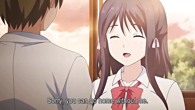 Anime hentai girl in school uniform smiling at boy on train, Nozoki Kanojo