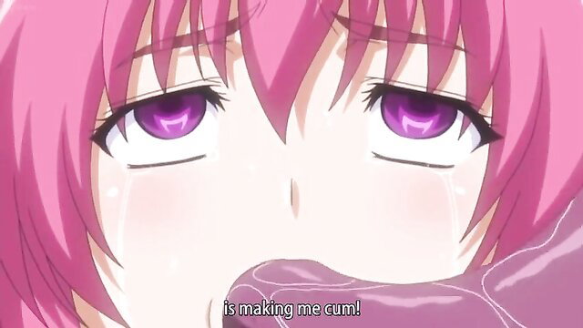 Pink-haired anime hentai girl with purple eyes in ecstasy, ahegao face making her cum