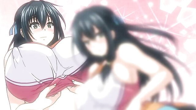 Two busty black-haired anime girls in gym uniforms fondling huge tits