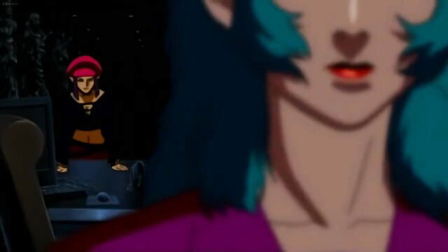 Exotic big tits hentai girls with turquoise hair in tense adult scene