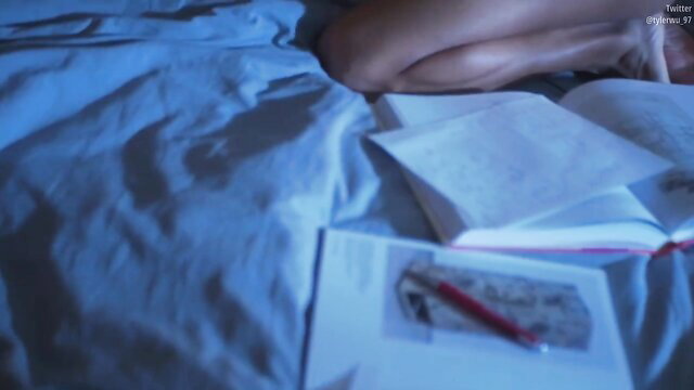 Tyler Wu nude in bed reading book, sexy legs yaoi Japanese twink