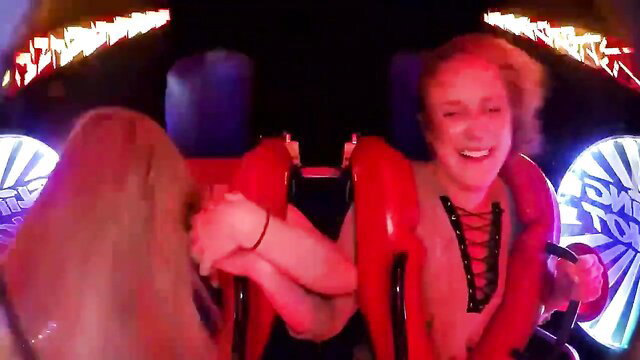 Blonde and redhead girls nip slip on wild slingshot ride