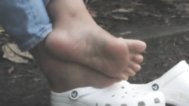 Asian college girl bare soles in Crocs, foot fetish preview