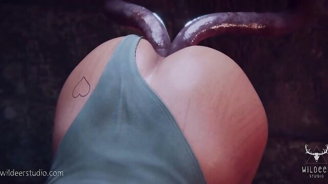 Lara's huge ass double penetrated by tentacles in hentai DAP