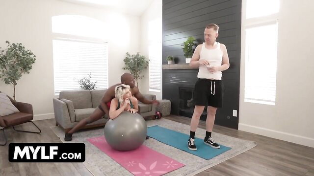 Charli Phoenix fucked by black trainer on yoga ball in front of cuck husband