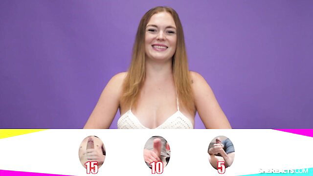 Smiling redhead babe in crochet top reacts to dick pics rated 15, 10, 5 inches