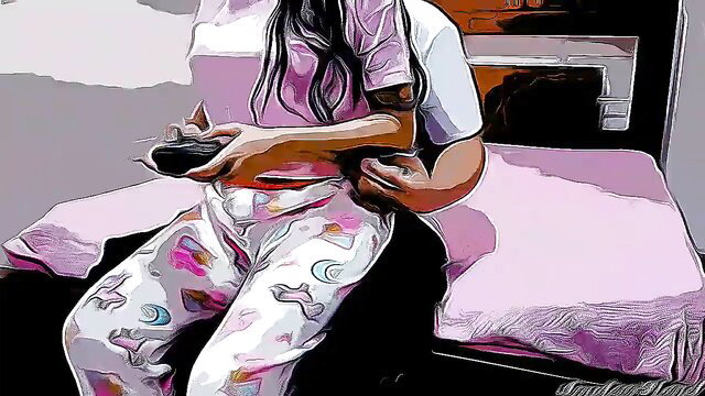Cartoon innocent niece in law sits on lap in pink PJs, cartoon porn