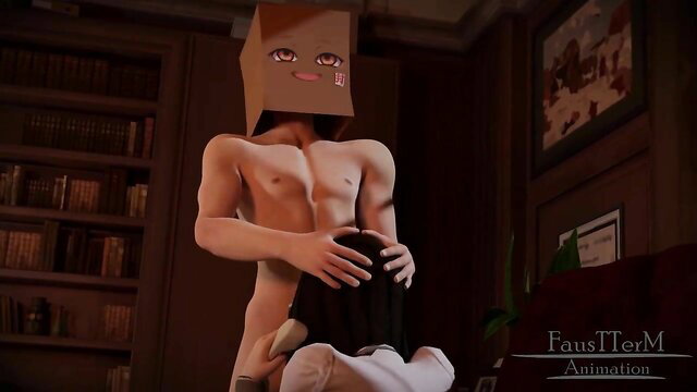 Cardboard box head man gropes thighs in office, Elizabeth cosplay tease