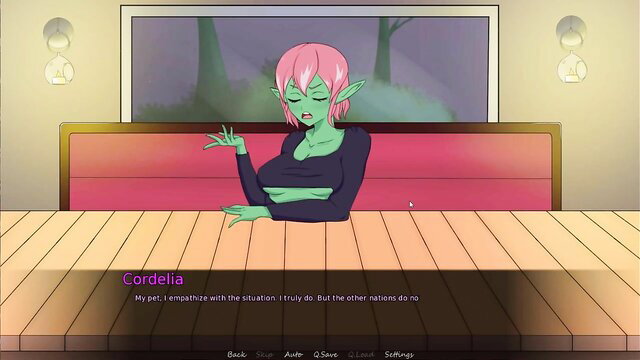 Green elf witch Cordelia nude on couch in Honeymoon Quest game