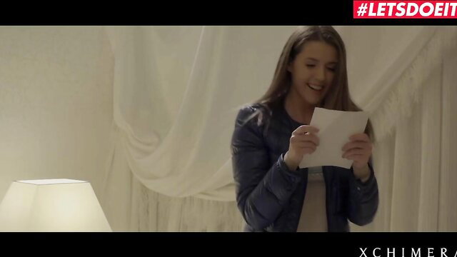 Sybil reads letter smiling in sexy puffer jacket, LetsDoeIt