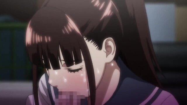 Blushing black-haired Japanese schoolgirl in censored hentai closeup