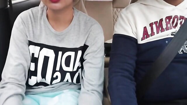 Indian couple in car, GF stripping grey hoodie for homemade Hindi chudai