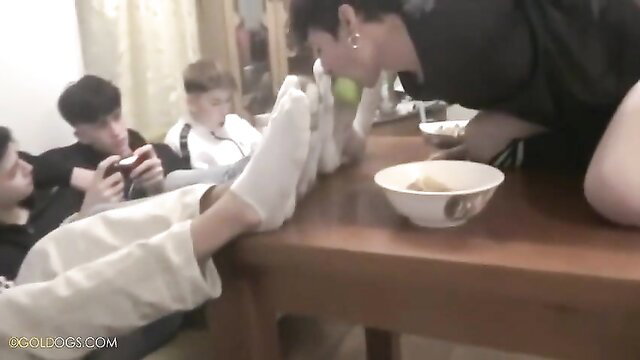 Twink boys foot worship gay porn with white socks and food play