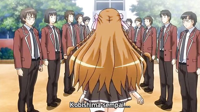 Anime girl with long orange hair surrounded by schoolboys in uniforms, hentai gangbang tease