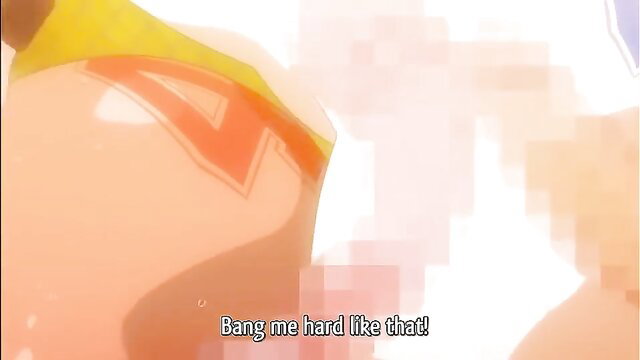 Hentai busty babe bent over with 'Bang me hard like that!' text