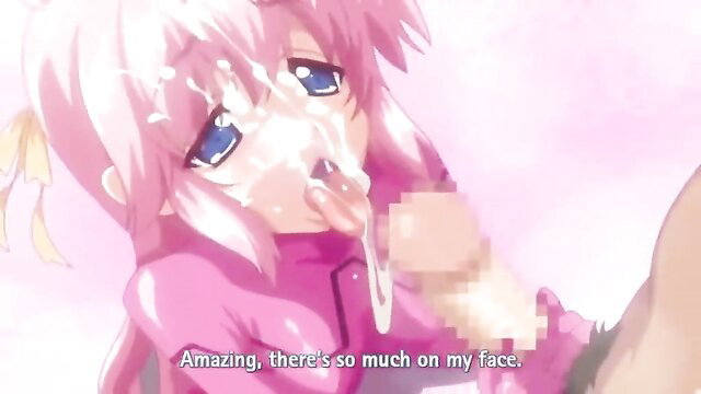 Anime girl with cum on face licks cock in Imouto Paradise hentai