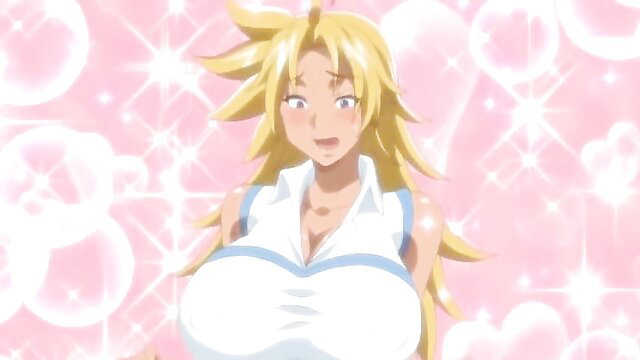 Busty blonde hentai babe in tight white top, big tits spilling out