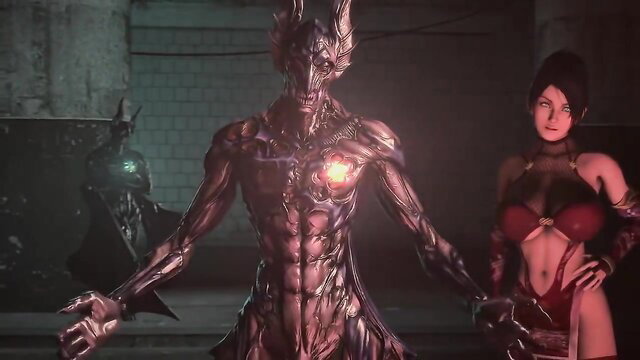 Demonic mirror hentai babe with sexy demon lord in erotic pose