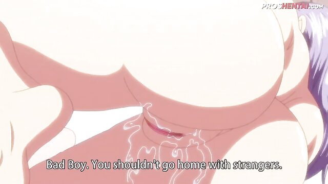 Busty purple-haired hentai slut's wet pussy and huge tits on boy's cock