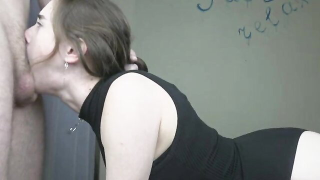 Beautiful brunette deepthroats cock, showing stunning blowjob skills