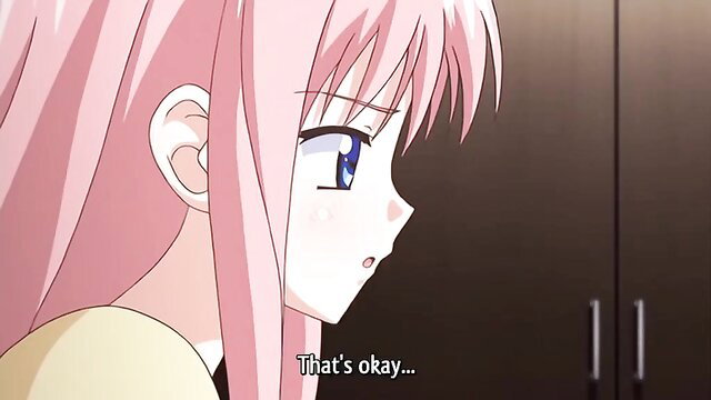 Cute pink-haired anime hentai girl with teary blue eyes says 'That's okay'
