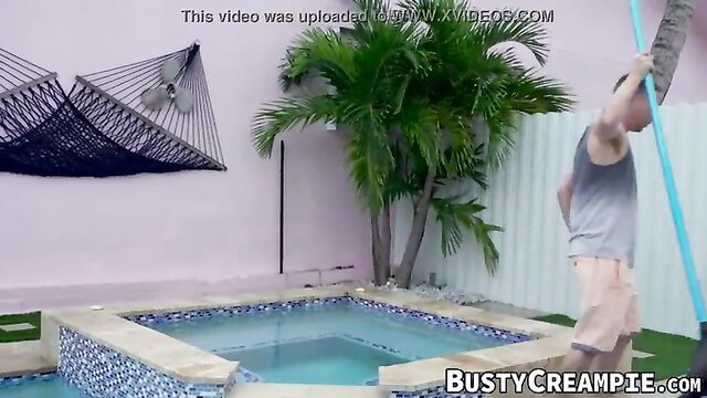 Lusty MILF seduces pool boy with huge tits by pool