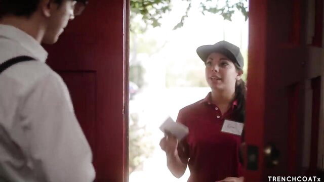 Gina Valentina as pizza delivery girl at door in uniform Pornstar Platinum