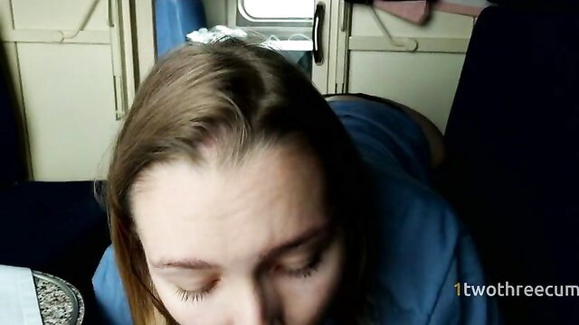 Amateur brunette teen eyes closed swallowing cum on public train
