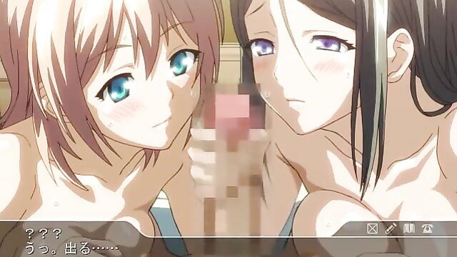 Chinatsu and Haruka hentai sisters sharing censored dick closeup