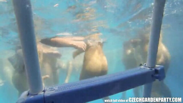 Amateur Czech pool orgy with nude blondes grabbing cocks underwater