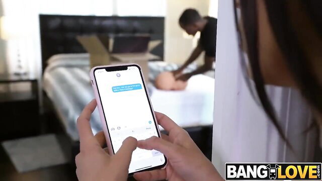 Step sister texts while black stud oils her big ass in bed