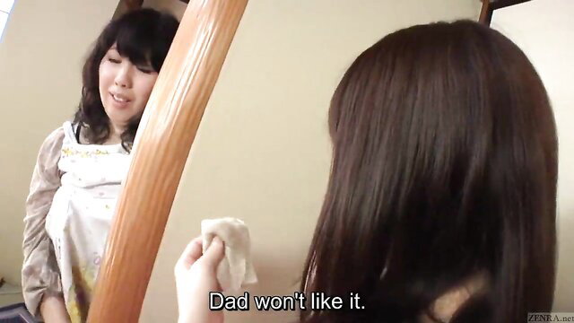 Japanese MILF in law wiping mirror in risky subtitled JAV scene