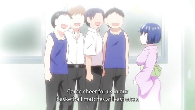 Blue-haired hentai girl invited by basketball team guys to cheer matches