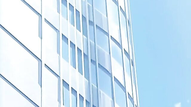 Curved modern glass skyscraper exterior under blue sky, hentai tease
