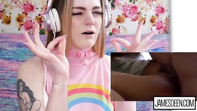 Carly Rae Summers in pink top and headphones reacts to James Deen fucking Sara Luvv