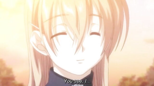 Blonde hentai girl with long hair smiling in Shojo Sect Innocent Lovers 2