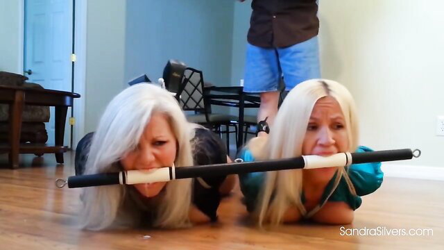 Sandra Silvers & Amanda Foxx blonde MILFs gagged on spreader bar BDSM