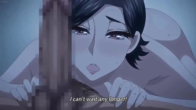 Sultry black-haired hentai milf nude, eagerly grabbing censored cock closeup