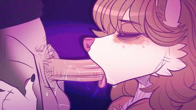 Anthro fox girl with blonde hair gives blowjob to anthropomorphic dog cock in hentai