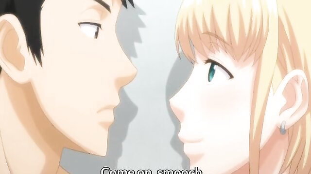 Blonde hentai wife stares lovingly at man, close-up intimate moment