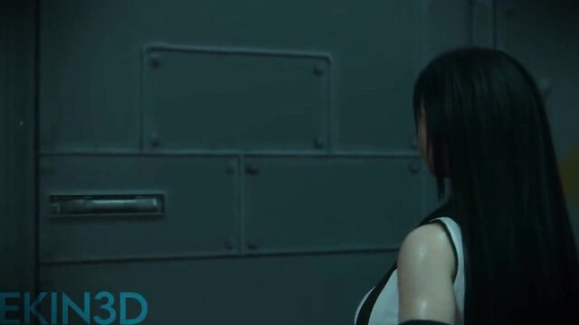 Tifa Lockhart in tight white top, long black hair, cyberpunk scene
