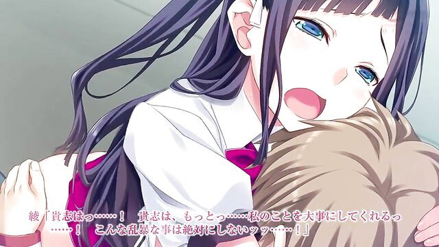 Purple-haired anime girl hugs boy, begging for cum in JAV hentai