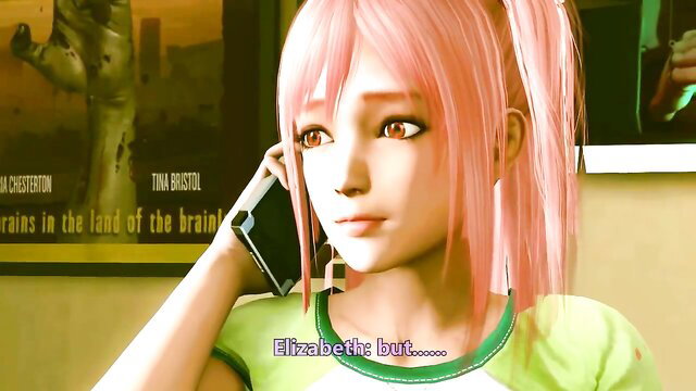 Pink-haired hentai girl on phone in tight green crop top, sexy anime ass fuck tease