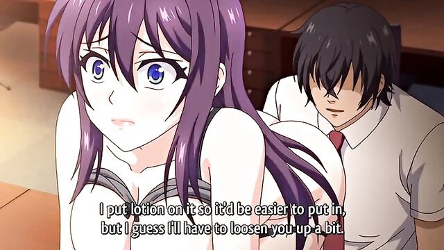 Anime girl with purple hair and guy in white shirt, suggestive context