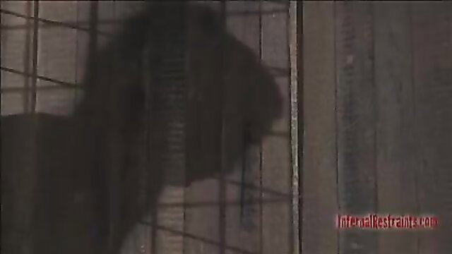 Shadowy woman in bondage cage, BDSM slut picked up restraints